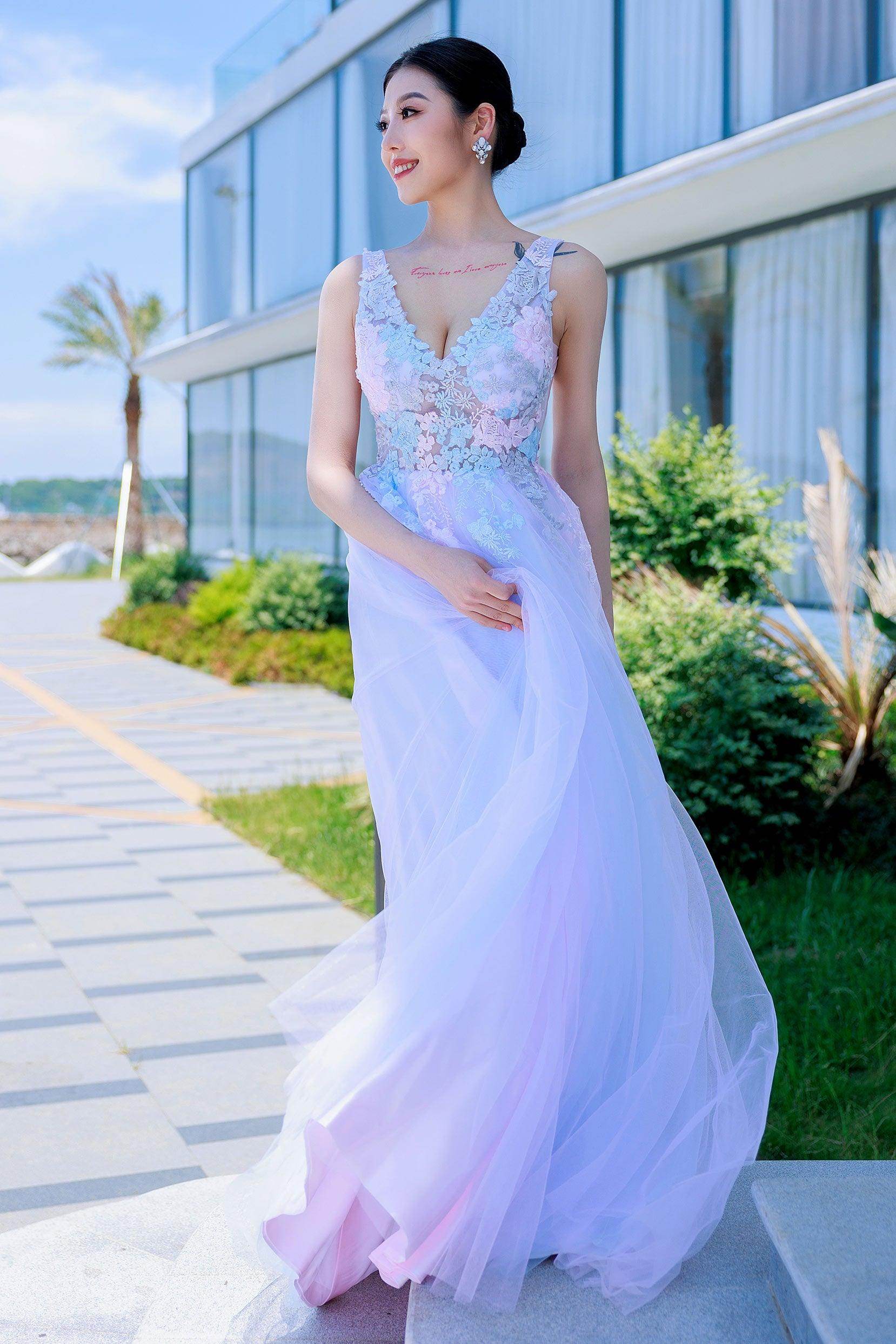 A-Line Sweep-Brush Train Tulle Prom Dress CS0504 - COCOMELODY